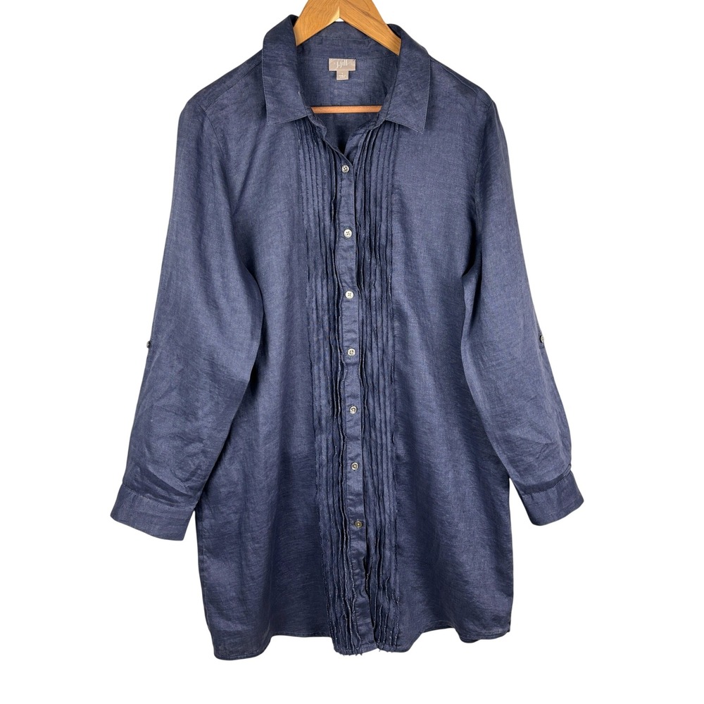J. Jill Long Sleeve Button Up Midi Shirt Dress L Blue 100% Linen Coastal Classic